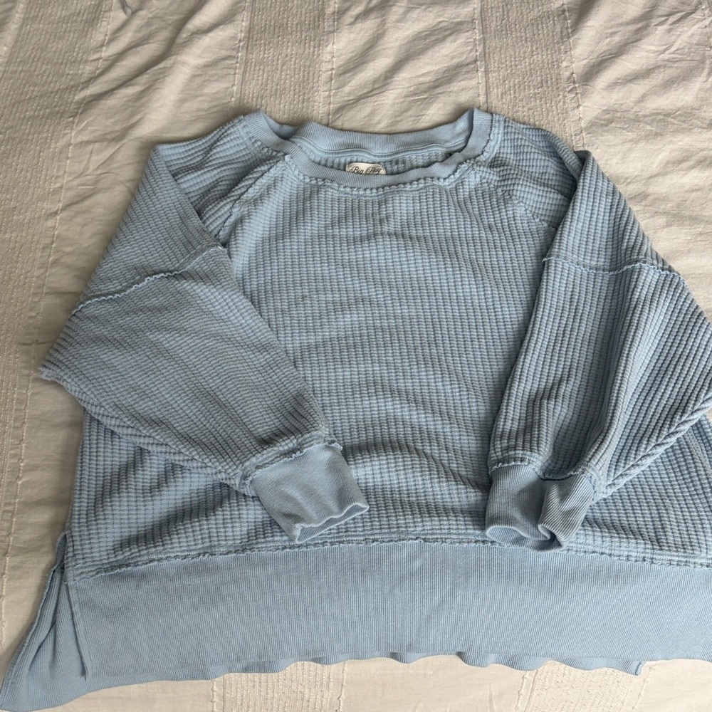 American Eagle Outfitters Light Blue Long Sleeve Waffle Top